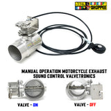 Manual cable operated valvetronic exhaust cutout valve stainless steel with thumb lever and Biker Shoppee logo