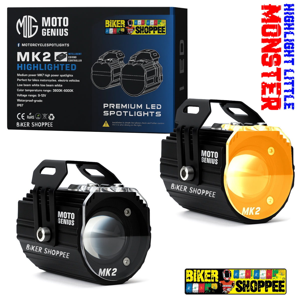 MOTO GENIUS MK02 80W LED SPOTLIGHT FOG LIGHT PAIR WITH WIRING HARNESS & LED SWITCH | BIKER SHOPPEE