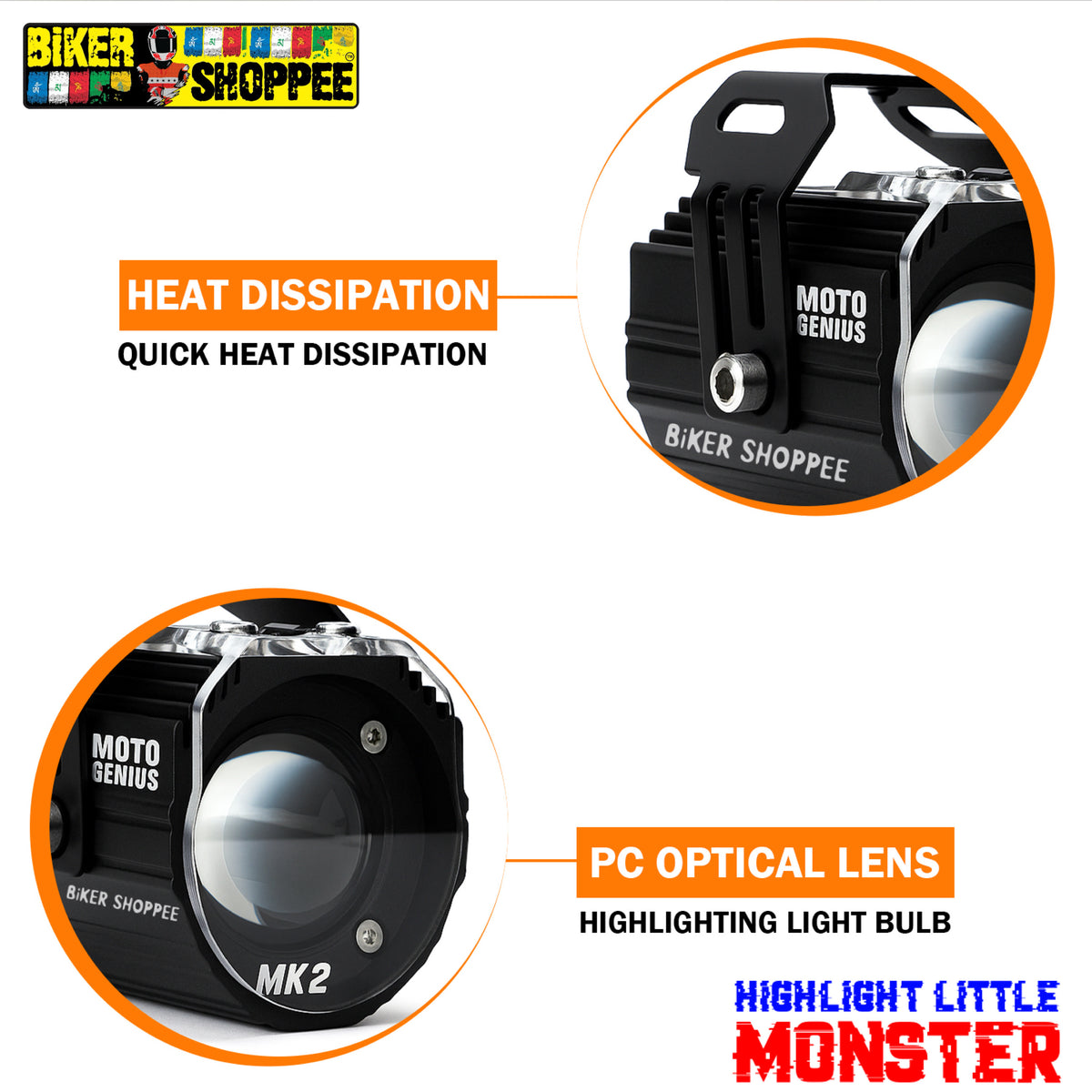 MOTO GENIUS MK02 80W LED SPOTLIGHT FOG LIGHT PAIR WITH WIRING HARNESS & LED SWITCH | BIKER SHOPPEE