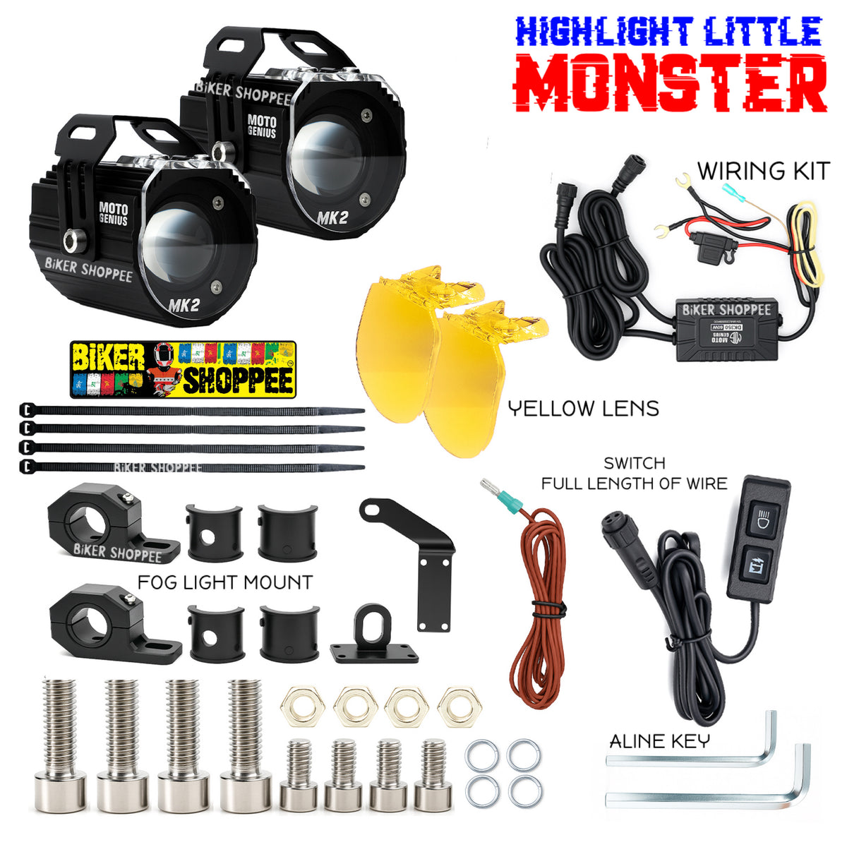 MOTO GENIUS MK02 80W LED SPOTLIGHT FOG LIGHT PAIR WITH WIRING HARNESS & LED SWITCH | BIKER SHOPPEE