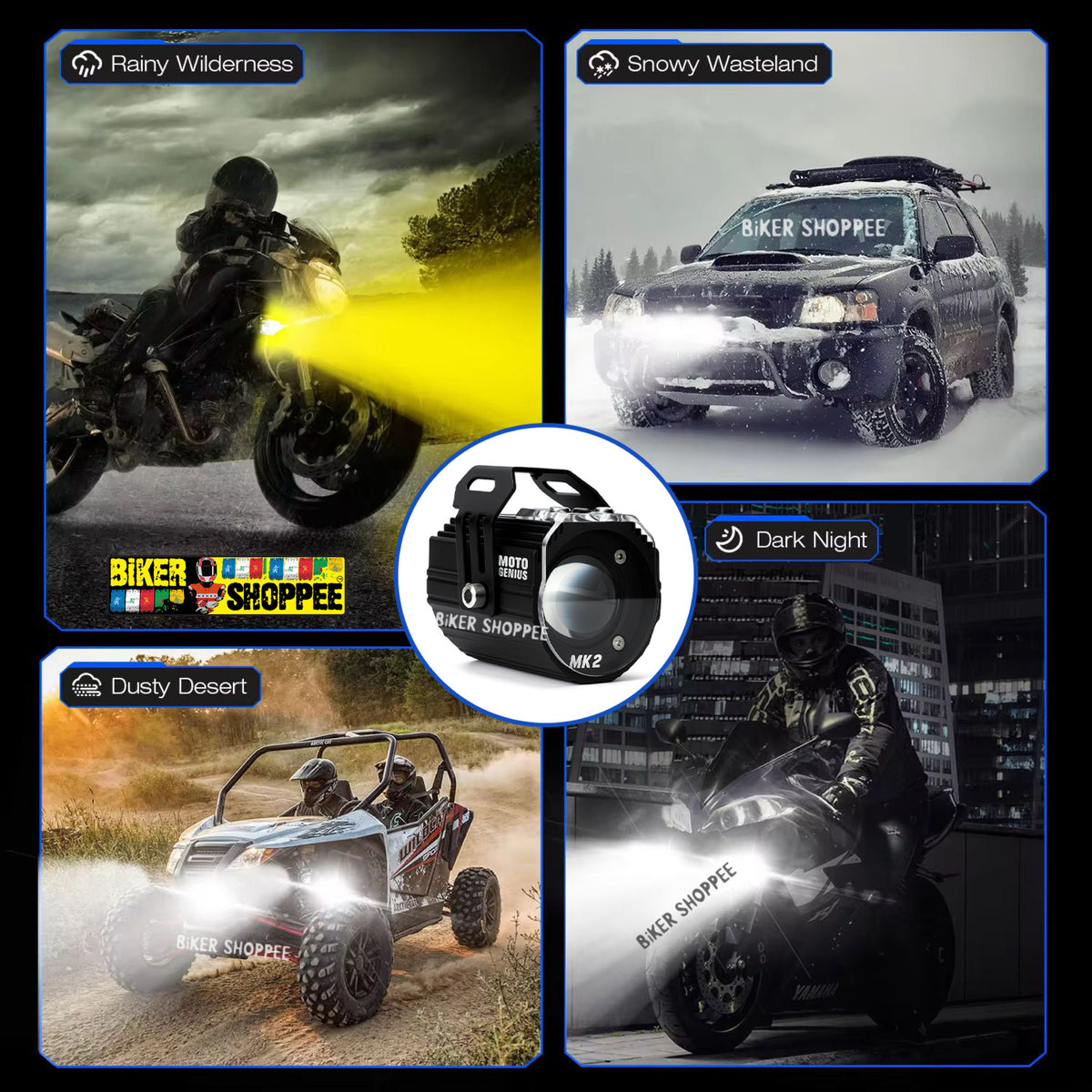 MOTO GENIUS MK02 80W LED SPOTLIGHT FOG LIGHT PAIR WITH WIRING HARNESS & LED SWITCH | BIKER SHOPPEE