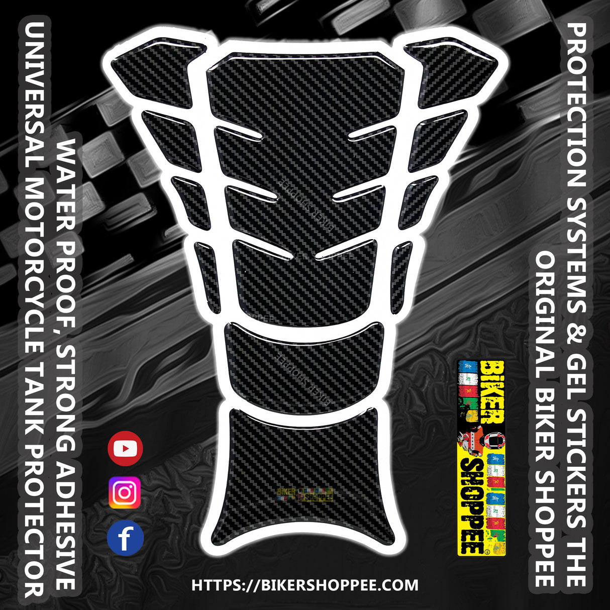Universal carbon fiber motorcycle tank pad protector sticker with white border and Biker Shoppee logo