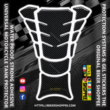 Universal carbon fiber motorcycle tank pad protector sticker with white border and Biker Shoppee logo