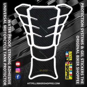 Universal carbon fiber motorcycle tank pad protector sticker with white border and Biker Shoppee logo