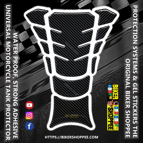 Universal carbon fiber motorcycle tank pad protector sticker with white border and Biker Shoppee logo
