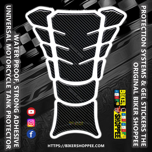 Universal carbon fiber motorcycle tank pad protector sticker with white border and Biker Shoppee logo