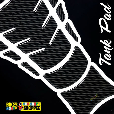 Universal carbon fiber motorcycle tank pad protector sticker with white border and Biker Shoppee logo