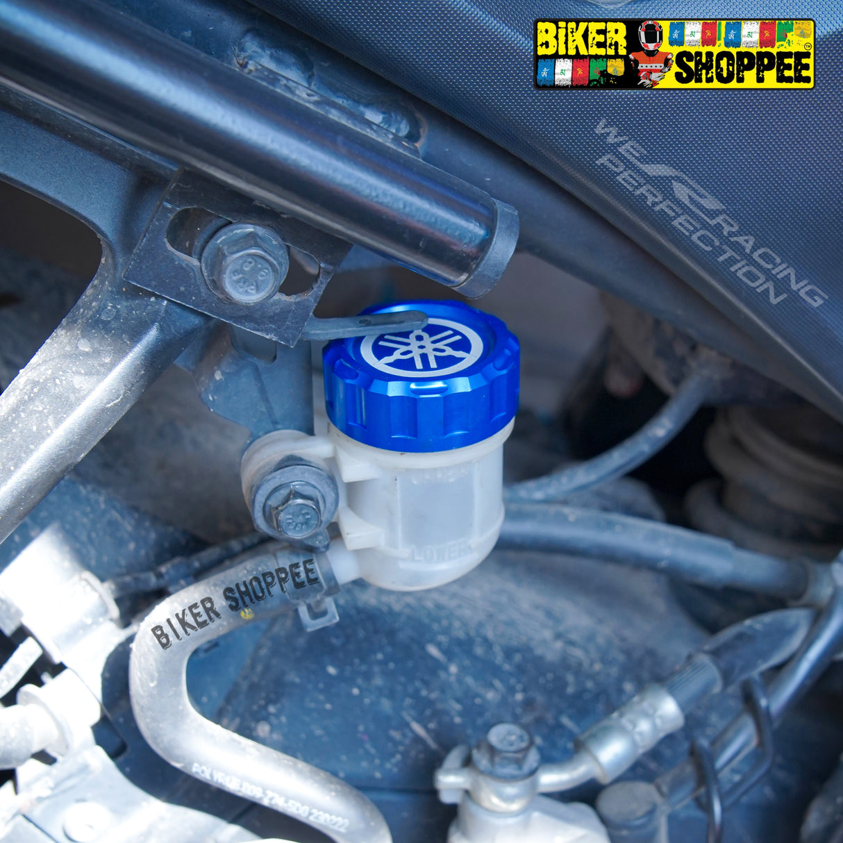 Premium blue CNC aluminum rear brake fluid oil reservoir cap Yamaha accessories spare parts for R15 V4 MT15 XSR155 original Biker Shoppee